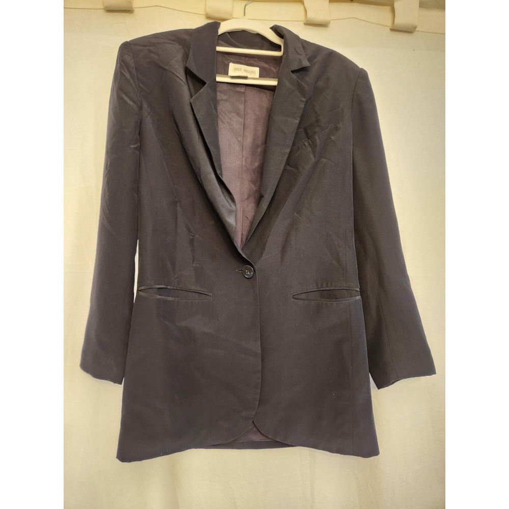 Hugo Buscati‎ Blazer Womens 2  XS Navy 100% Silk One Button Notch Lapel Longline